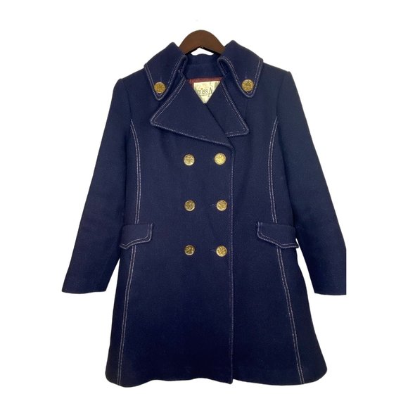 Vintage Arthur Jay Wool Peacoat S/M Navy Contrast Gold Button Quilted Liner Warm - Picture 3 of 16